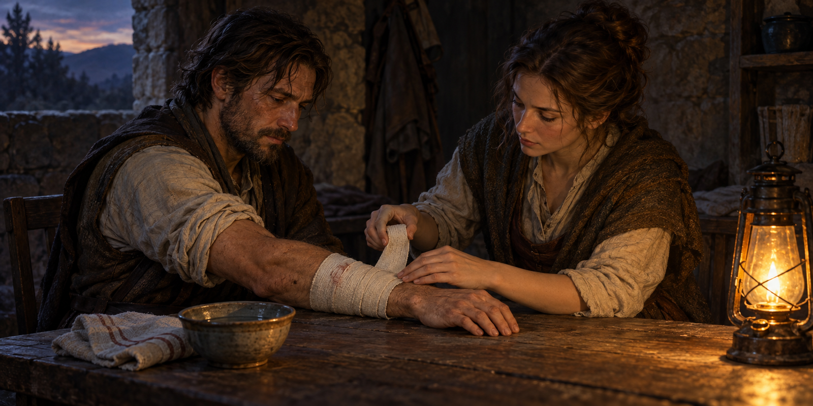 A traveller bandages her companion’s injured arm after combat